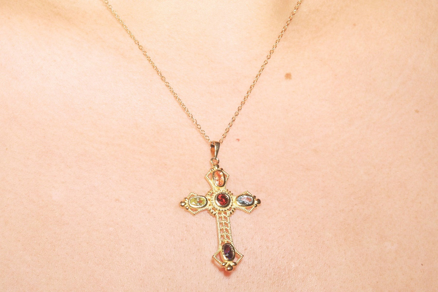 Multi Color Gemstone Cross Necklace